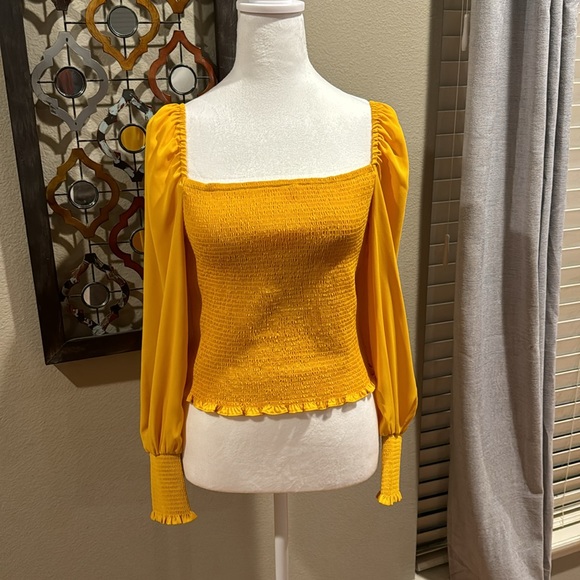 Angel Square Neck Long Balloon Sleeve Cropped Smocked Blouse - Picture 2 of 3